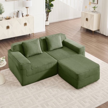 2-Seater Modular L-Shaped Corduroy Sectional Sofa - Green Corduroy