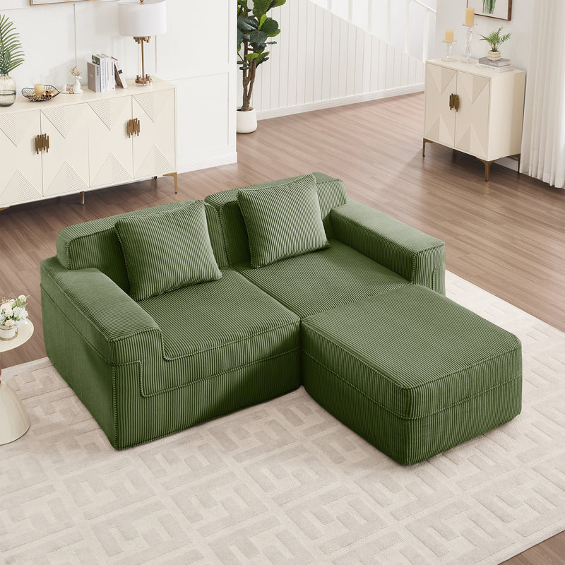 2-Seater Modular L-Shaped Corduroy Sectional Sofa - Green Corduroy