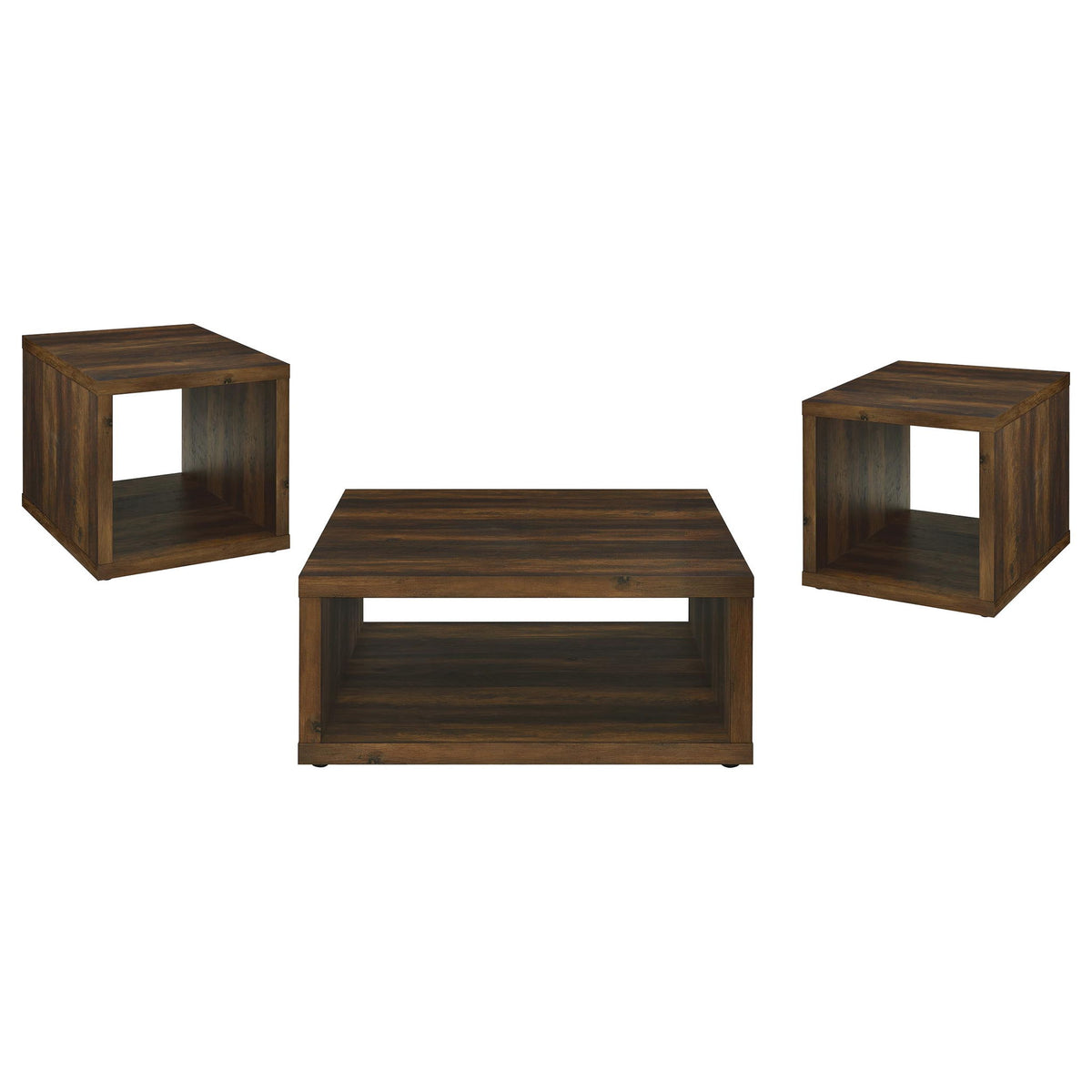 Hermosa open-sided coffee table and two end tables, dark brown wood look
