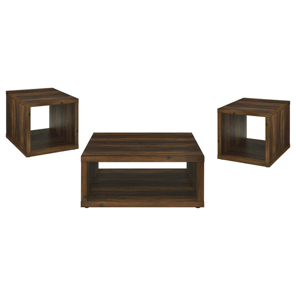 Hermosa open-sided coffee table and two end tables, dark brown wood look
