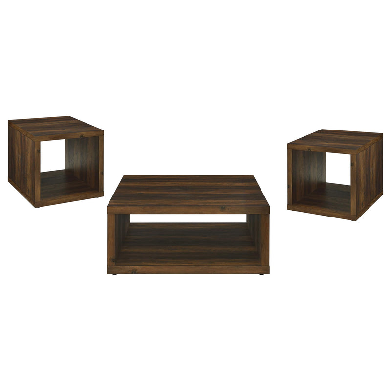 Hermosa open-sided coffee table and two end tables, dark brown wood look
