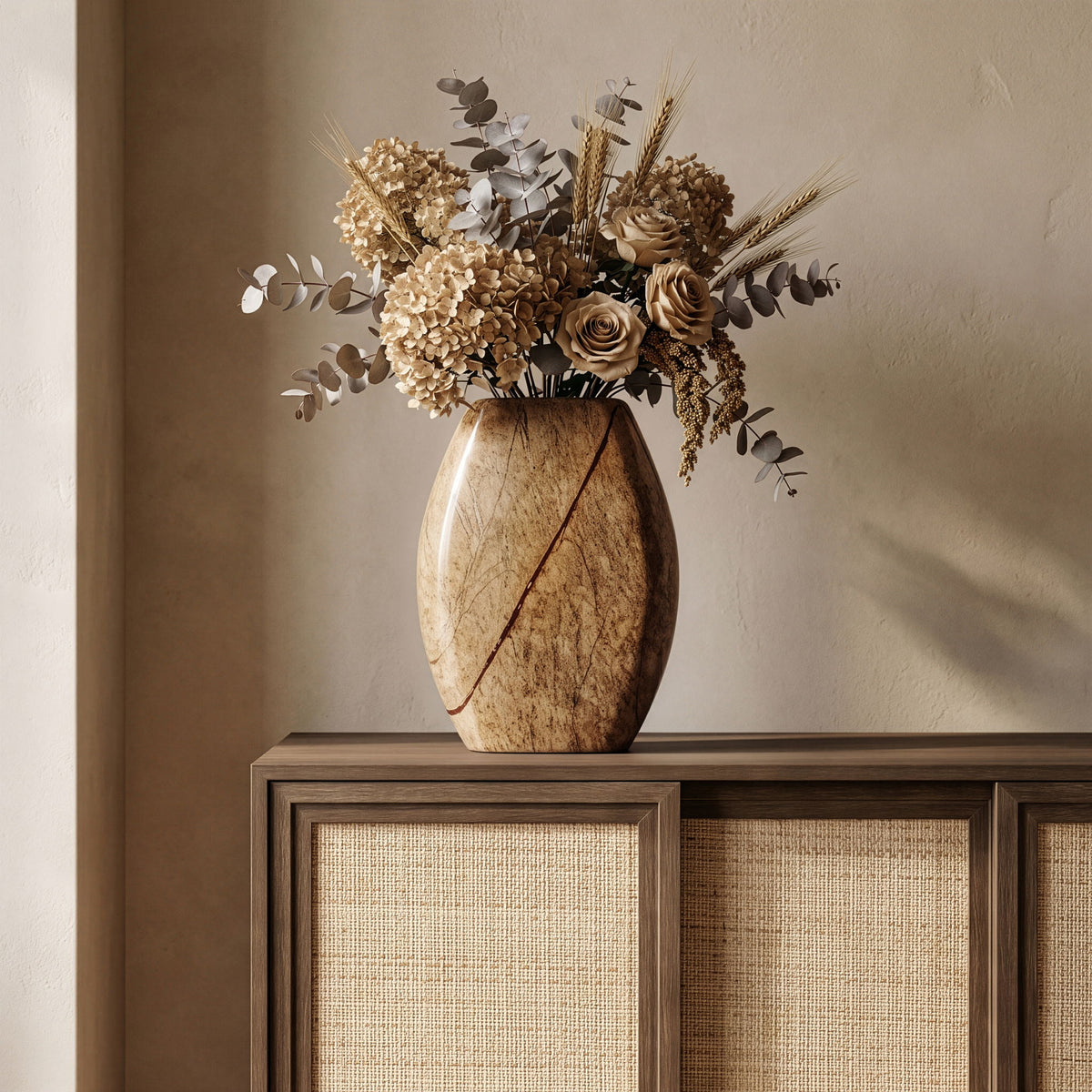 Beige marble vase with dark opening, tall rounded oval silhouette and stone marbling.