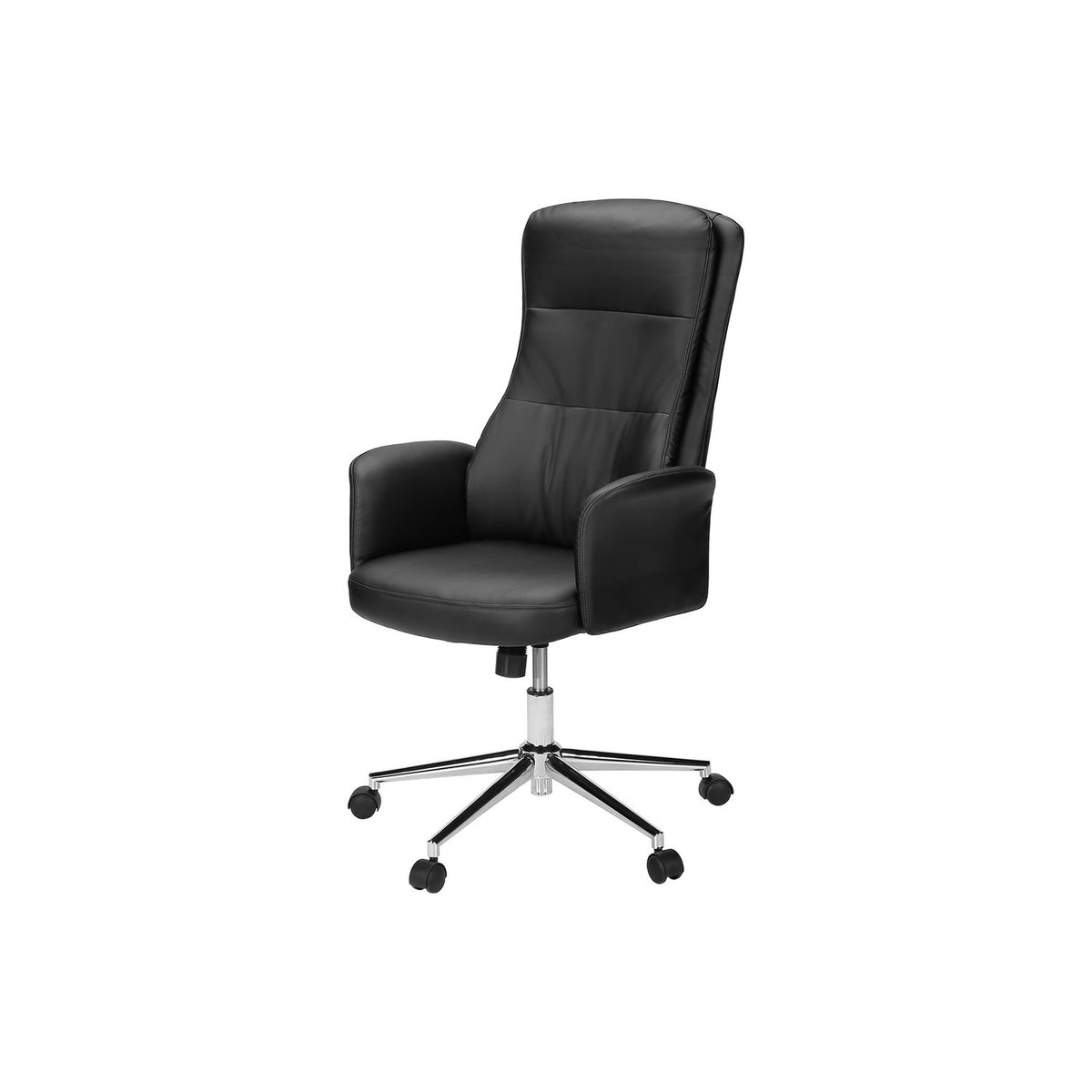 Black adjustable height office chair with padded armrests, cushioned seat, and swivel base