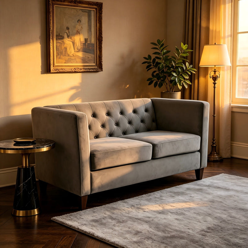 Light gray button-tufted loveseat with square arms and two seat cushions