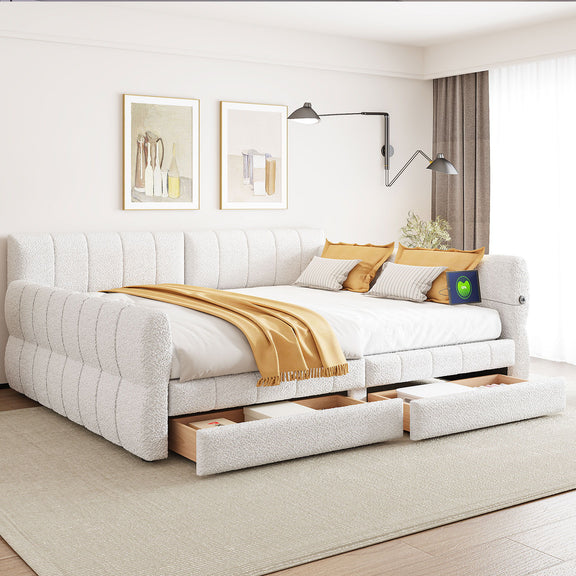 Queen upholstered platform bed in white, open storage drawers beneath the mattress