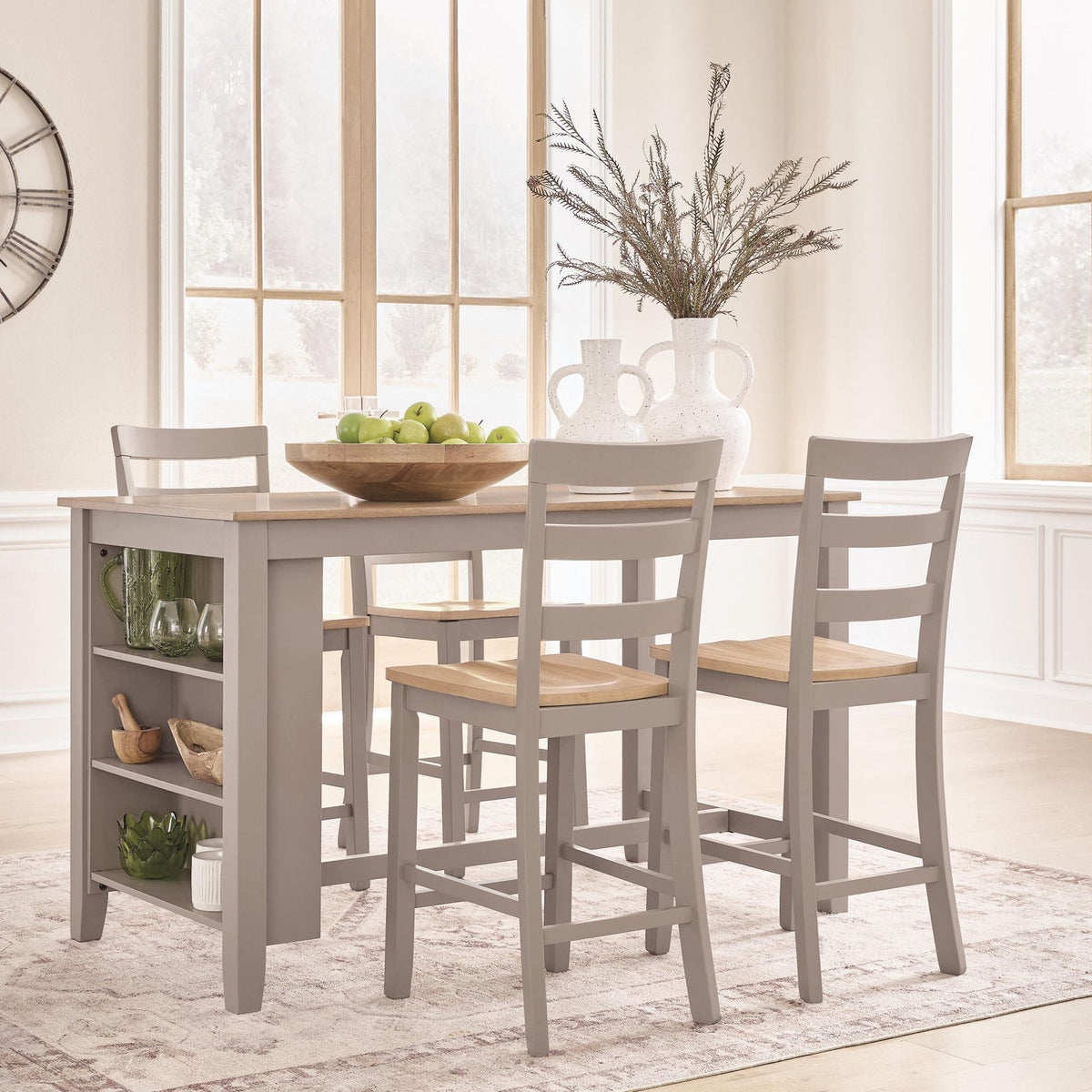 Dining table set with four barstools, light wood tabletop, gray slatted chairs