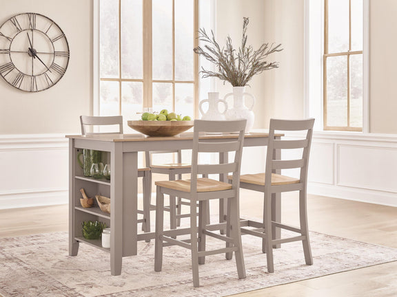 Dining table set with four barstools, light wood tabletop, gray slatted chairs