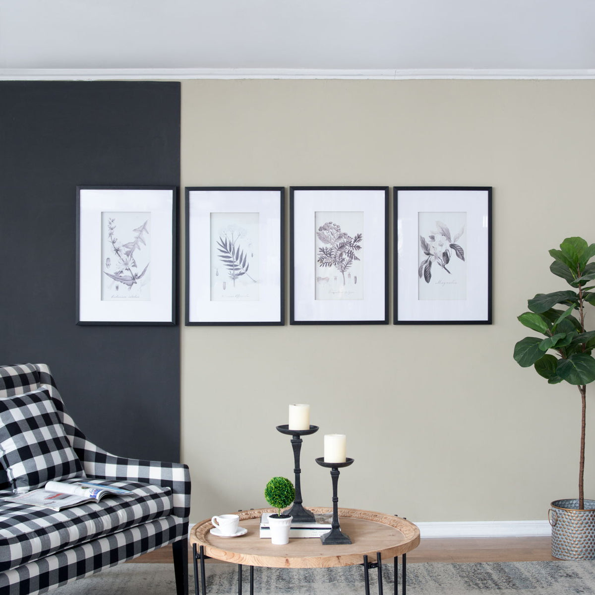 Botanical Wall Art Prints, Home Decor For Living Room Dining Room, Bedroom, Hallway (Set of 4) - White / Black
