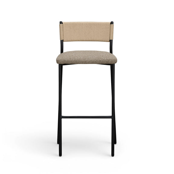 Celine boucle bar stool with beige back and light upholstered seat, black metal legs.