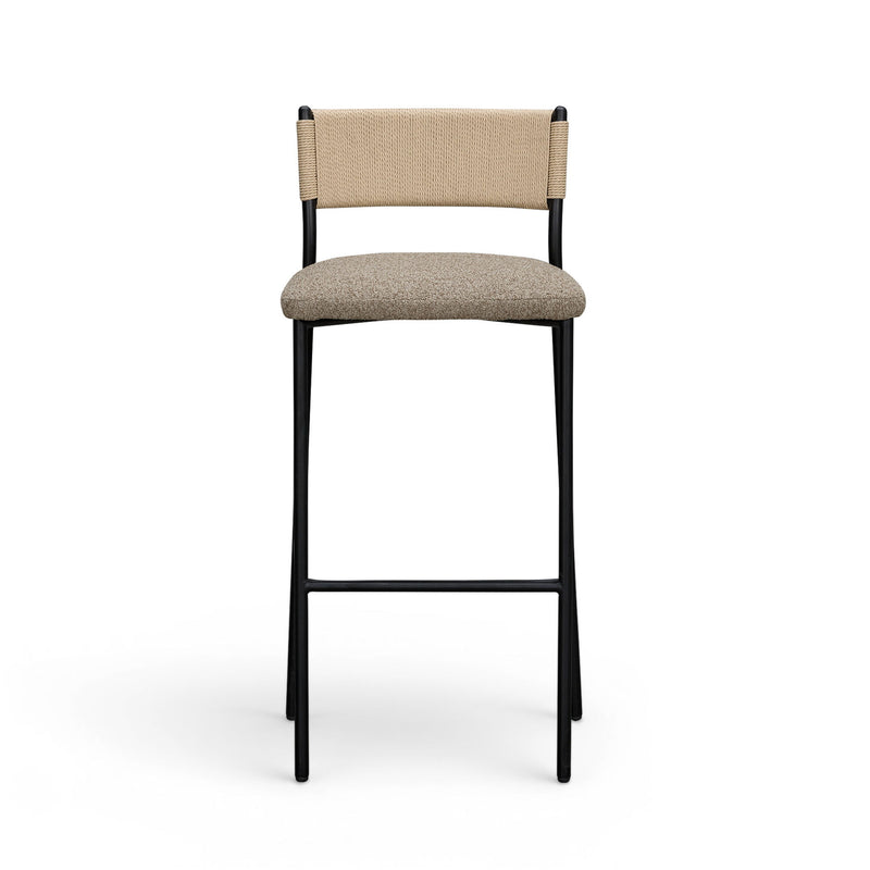 Celine boucle bar stool with beige back and light upholstered seat, black metal legs.