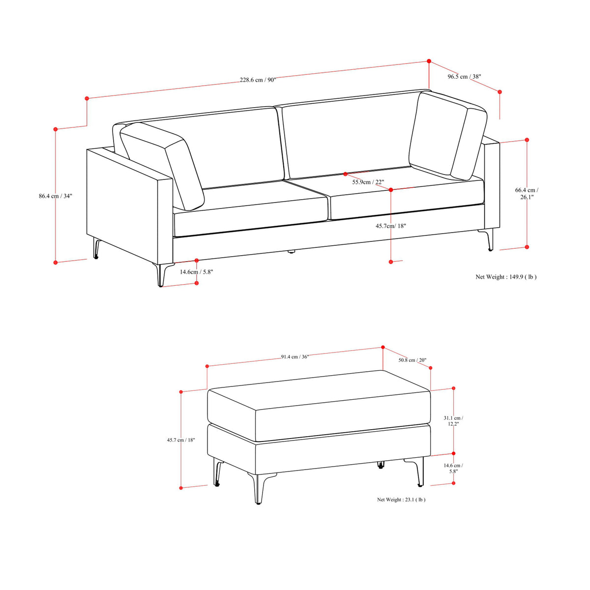 Ava - Mid Century Sofa With Ottoman Set