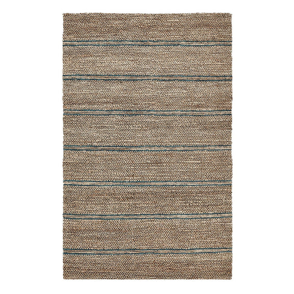 Light brown striped area rug with blue and tan horizontal stripes