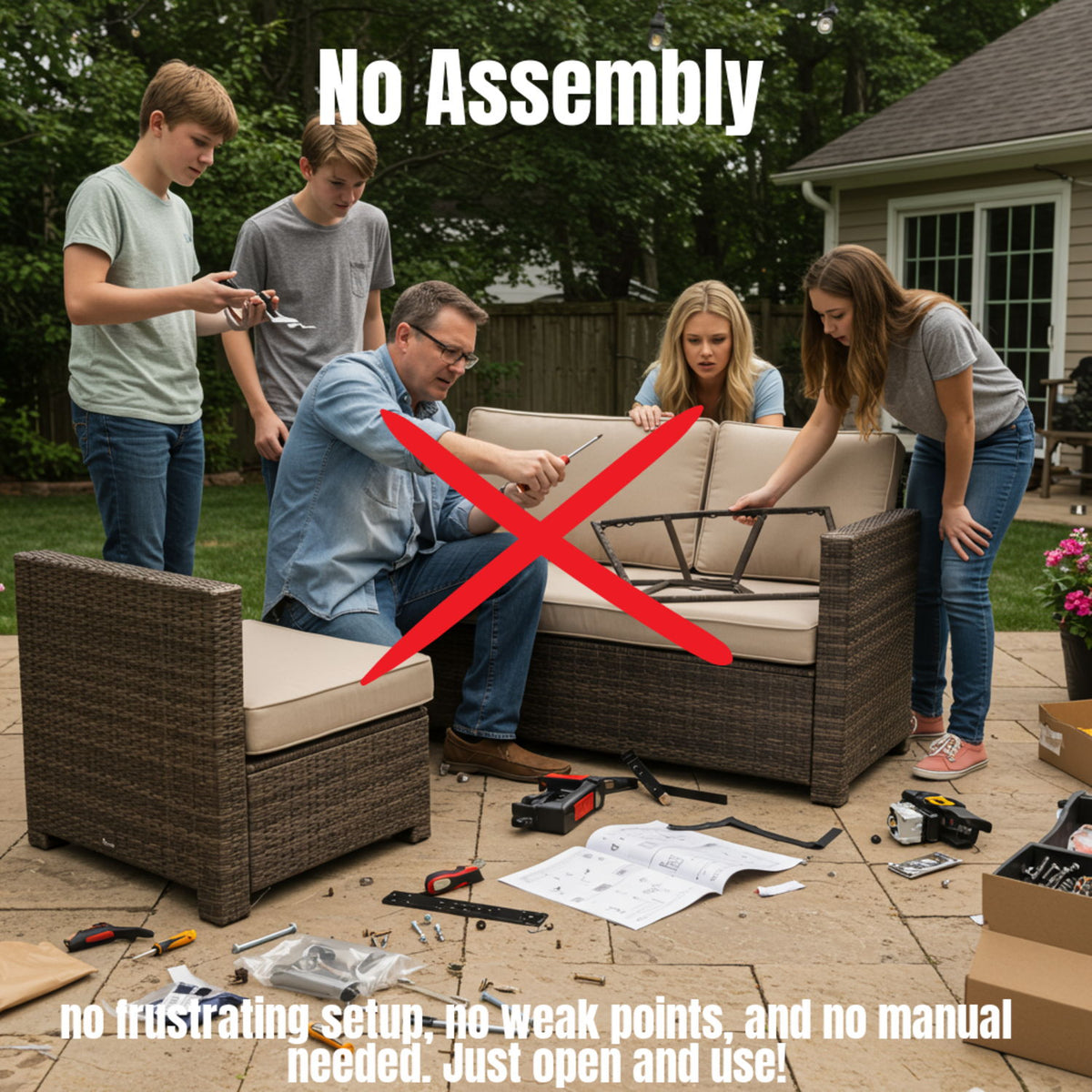 Gray wicker outdoor sectional seating set with cushions and assembly tools