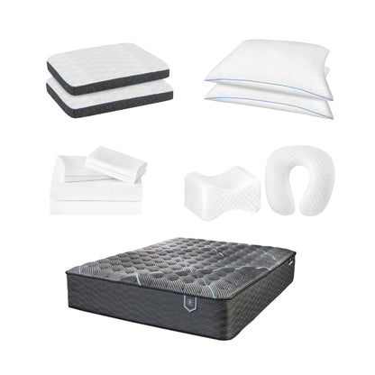 Dark gray hybrid plush mattress with white comfort bedding pack, pillows and accessories