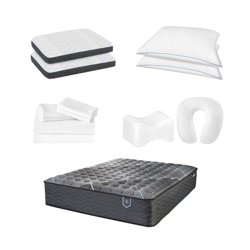 Dark gray hybrid plush mattress with white comfort bedding pack, pillows and accessories