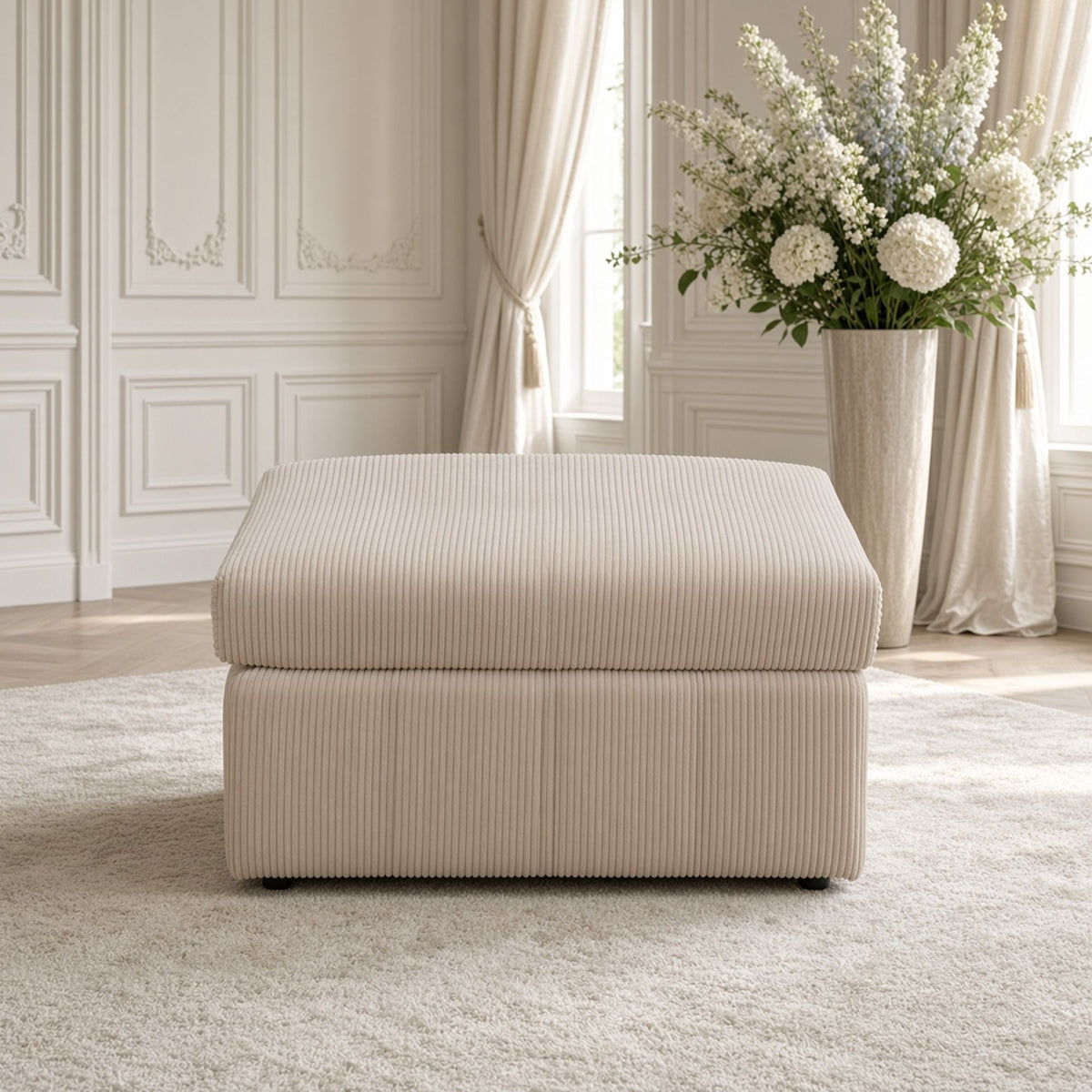 Beige ribbed ottoman shown from the front