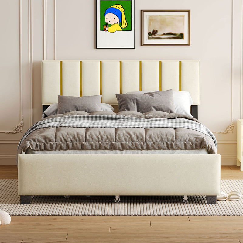 Upholstered Platform Bed With 2 Drawers And 1 Trundle, Classic Strip Headboard Design