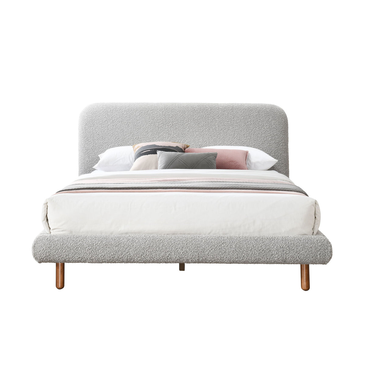 Gray upholstered bed with headboard, slatted base, and fitted bedding set