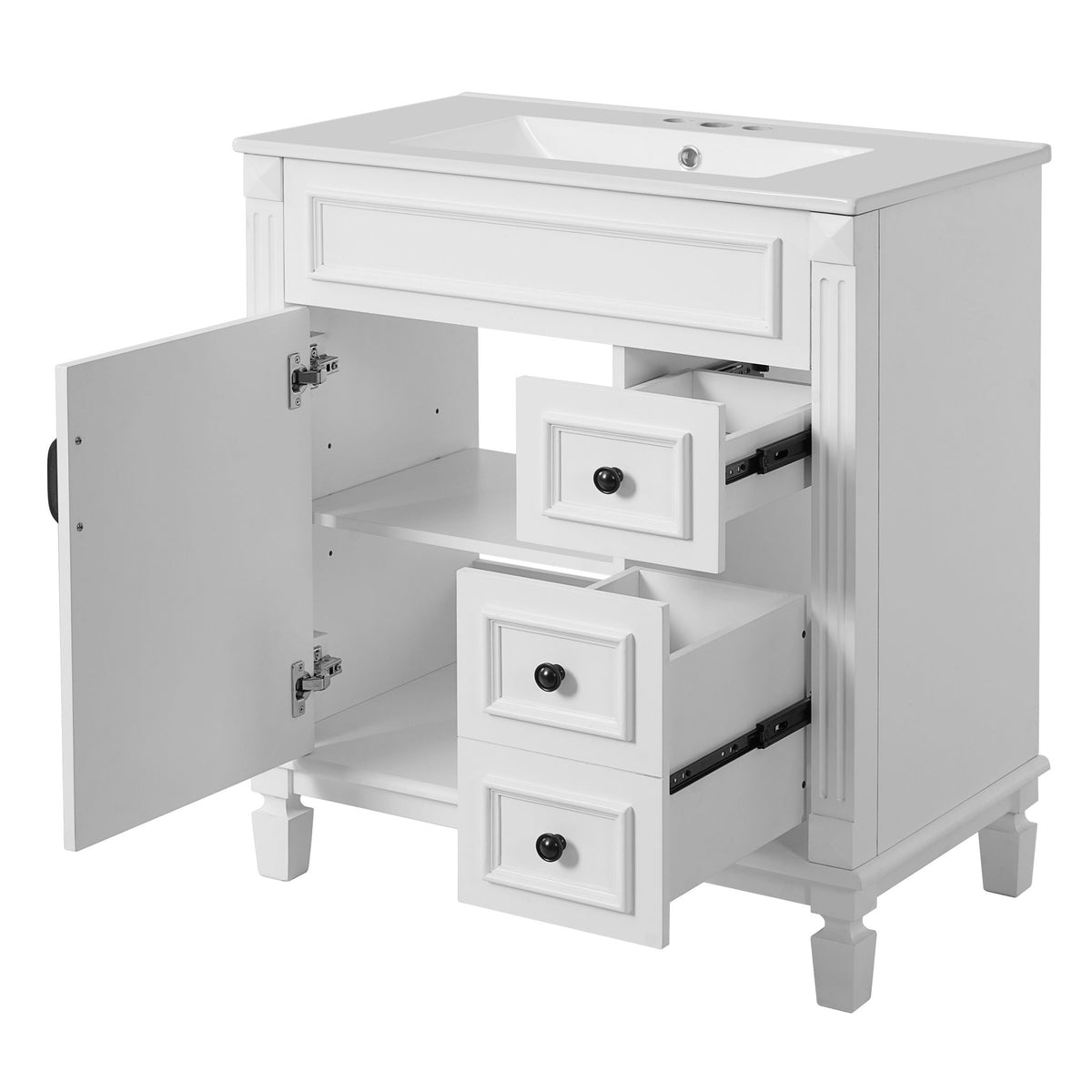 White bathroom vanity with sink; open cabinet shows drawers and adjustable shelf.