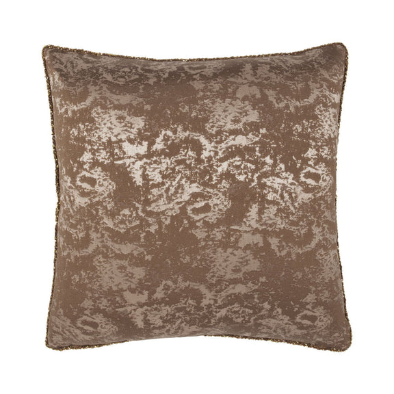 Textured throw pillow with mottled dark bronze pattern and piped edges, square shape