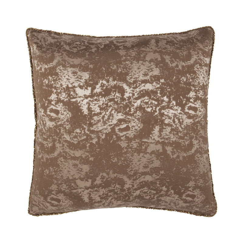 Textured throw pillow with mottled dark bronze pattern and piped edges, square shape