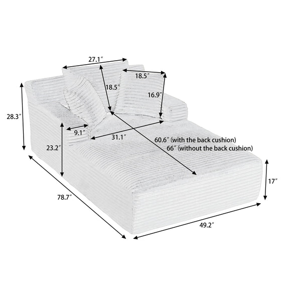 Chaise lounge dimension diagram showing overall length, width, seat, and back measurements