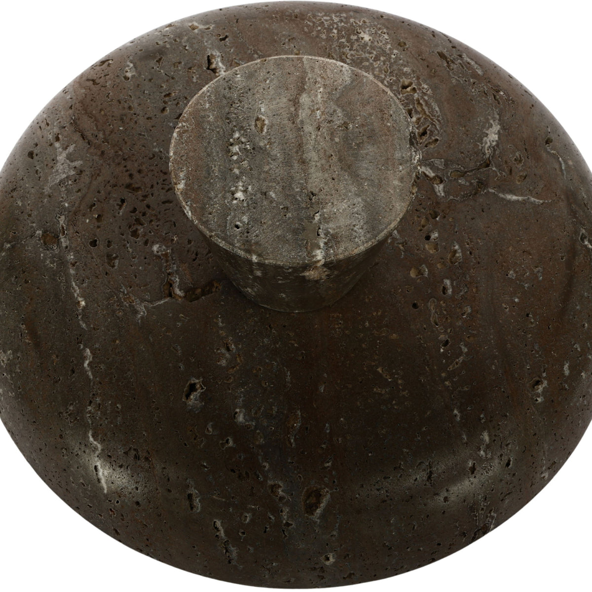 Gray-brown marble round bowl with speckled surface and shallow top