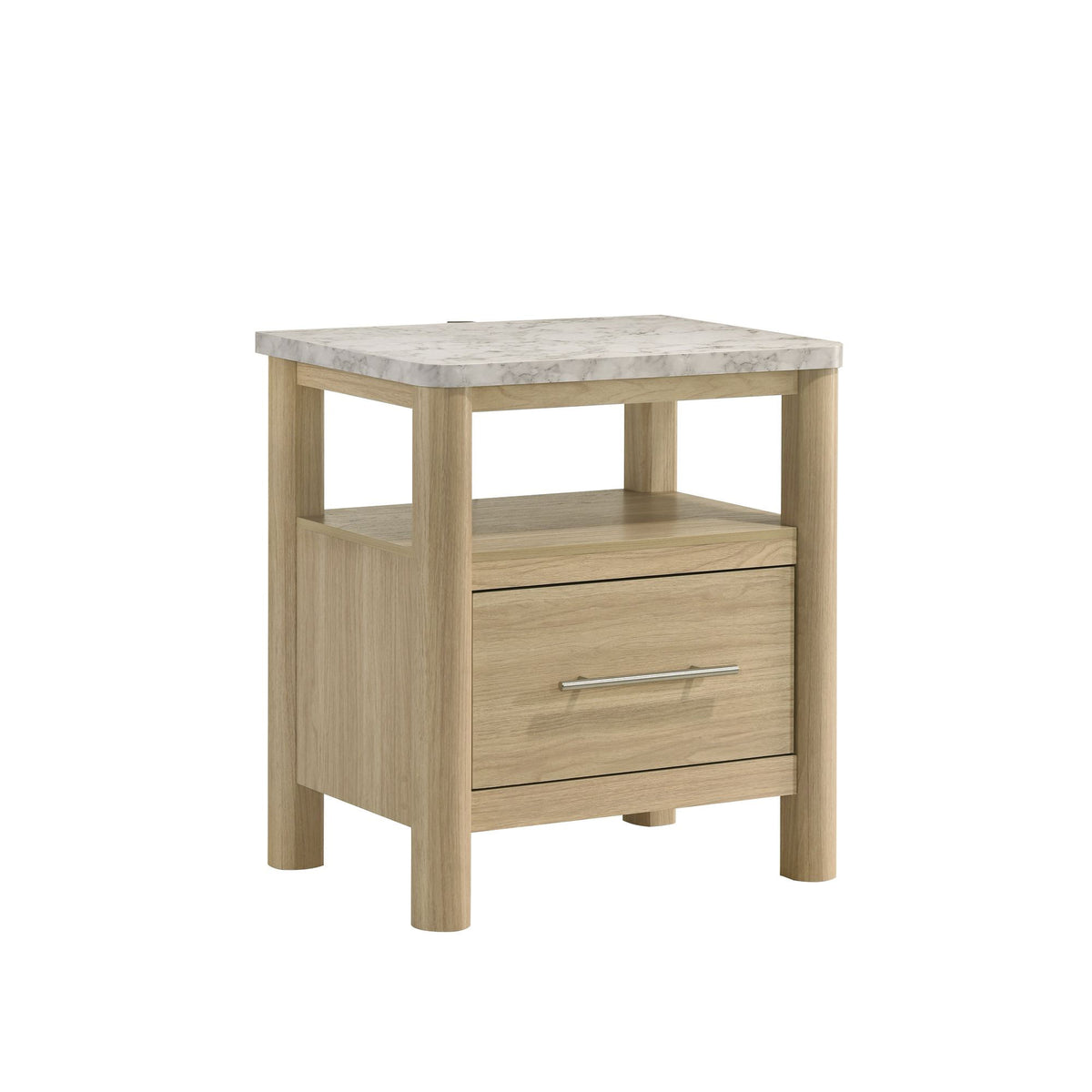 Natural wood nightstand with marble-look top and single drawer, silver bar pull