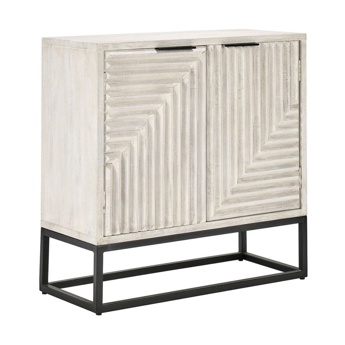 White wash sideboard cabinet with two large paneled doors and black metal base