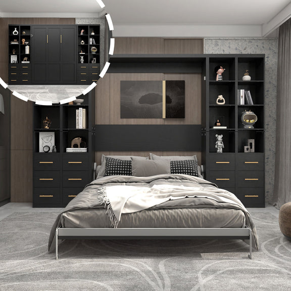 Vertical Murphy wall bed with open shelving compartments and drawers, gray-toned cabinetry, queen bed.