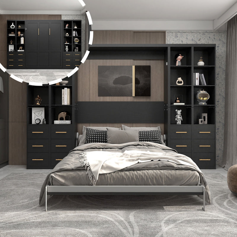 Vertical Murphy wall bed with open shelving compartments and drawers, gray-toned cabinetry, queen bed.