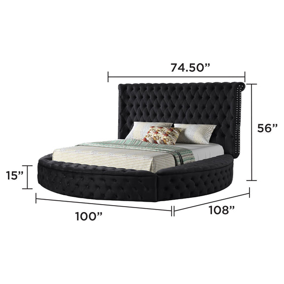 Tufted black storage bed with arched headboard, shown with dimensions