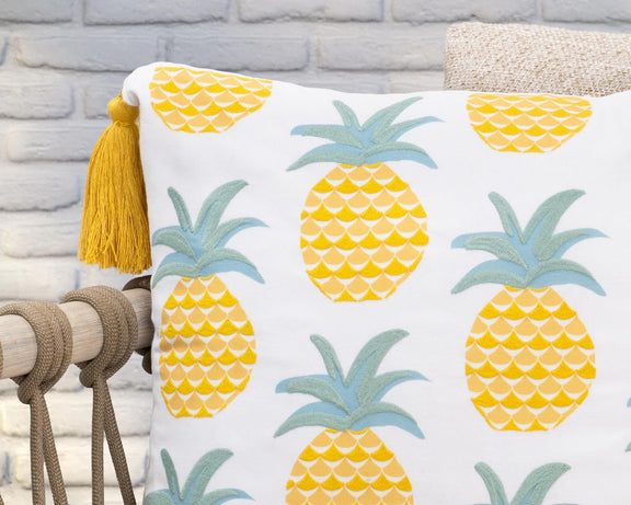Pineapple throw pillow cover with yellow fruit and teal leaves plus mustard tassel