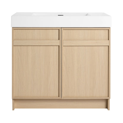 Light brown bathroom vanity cabinet with white resin sink and two cabinet doors