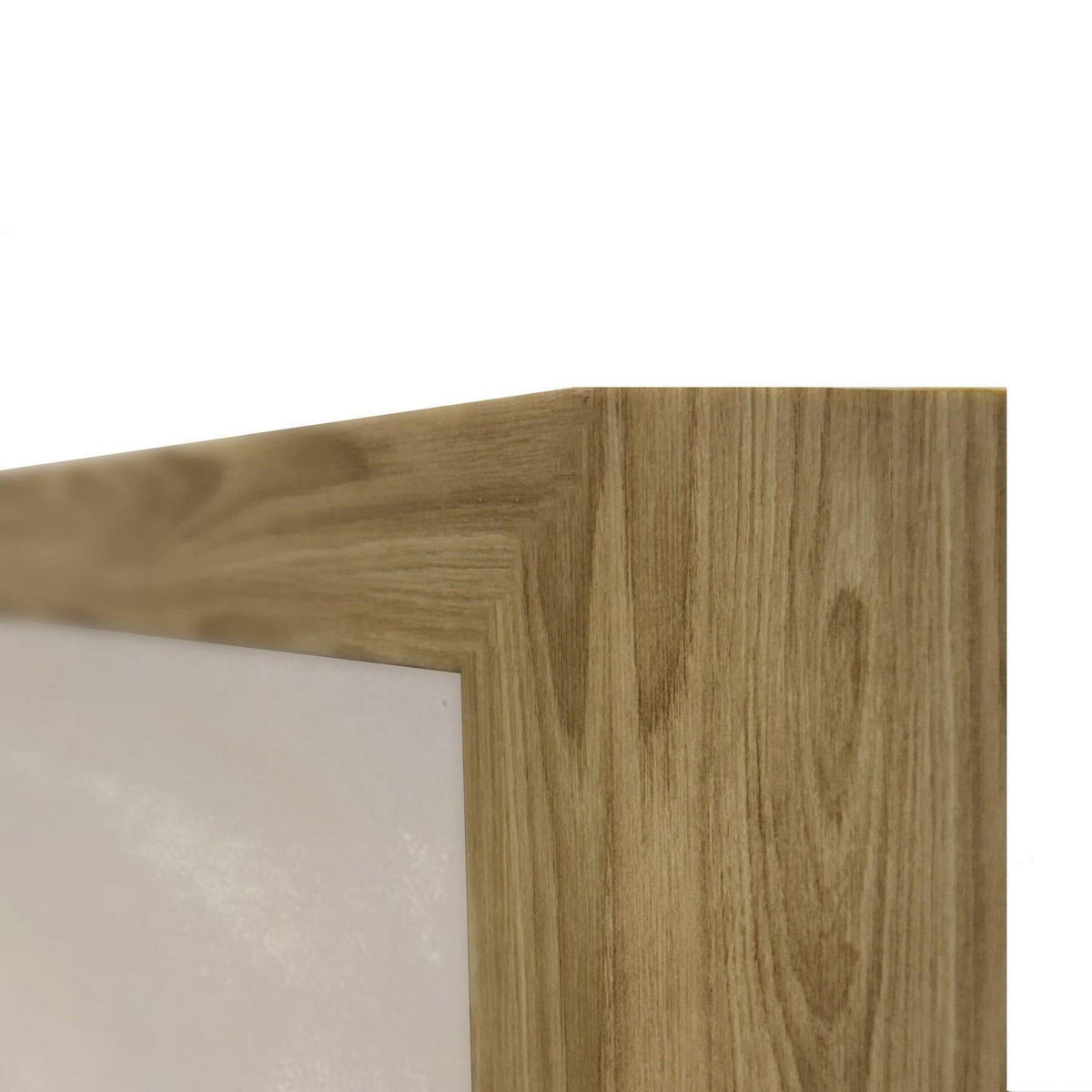 Natural wood picture frame corner with visible grain and pale canvas edge
