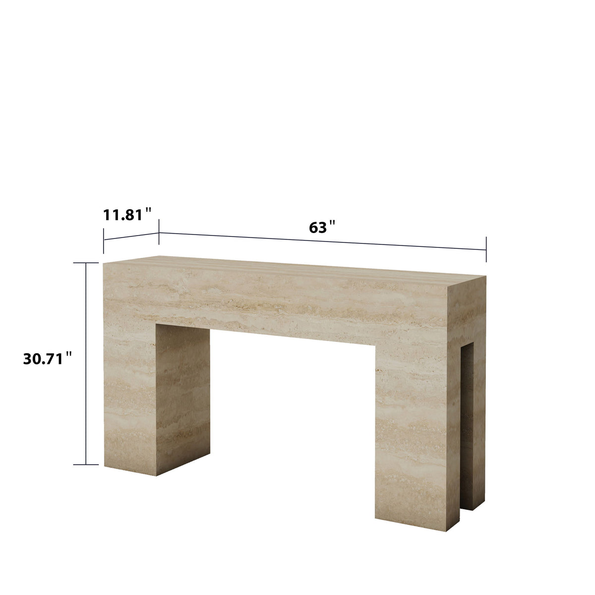 Beige console table with open center, stone-look surface and side panel legs