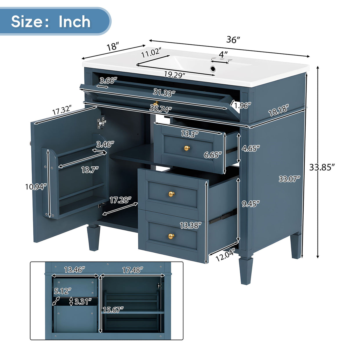 Blue vanity with open cabinet and drawers, tip-out drawer, sink and storage dimensions