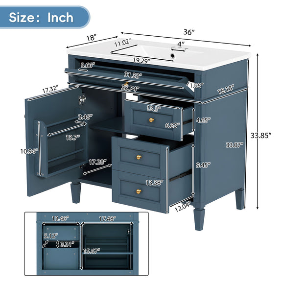 Blue vanity with open cabinet and drawers, tip-out drawer, sink and storage dimensions