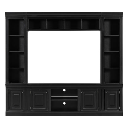 Black TV stand hutch with open shelving and two cabinet doors below, wide center panel