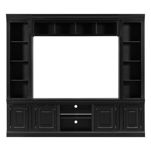 Black TV stand hutch with open shelving and two cabinet doors below, wide center panel