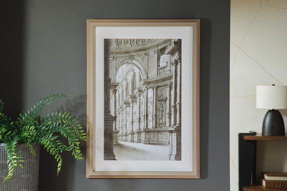 Architectural wall art print in light wood frame, arched corridor black-and-white