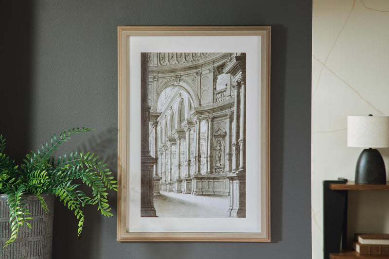 Architectural wall art print in light wood frame, arched corridor black-and-white