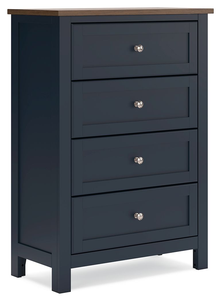 Dark blue four-drawer chest front with silver knobs and recessed drawer panels