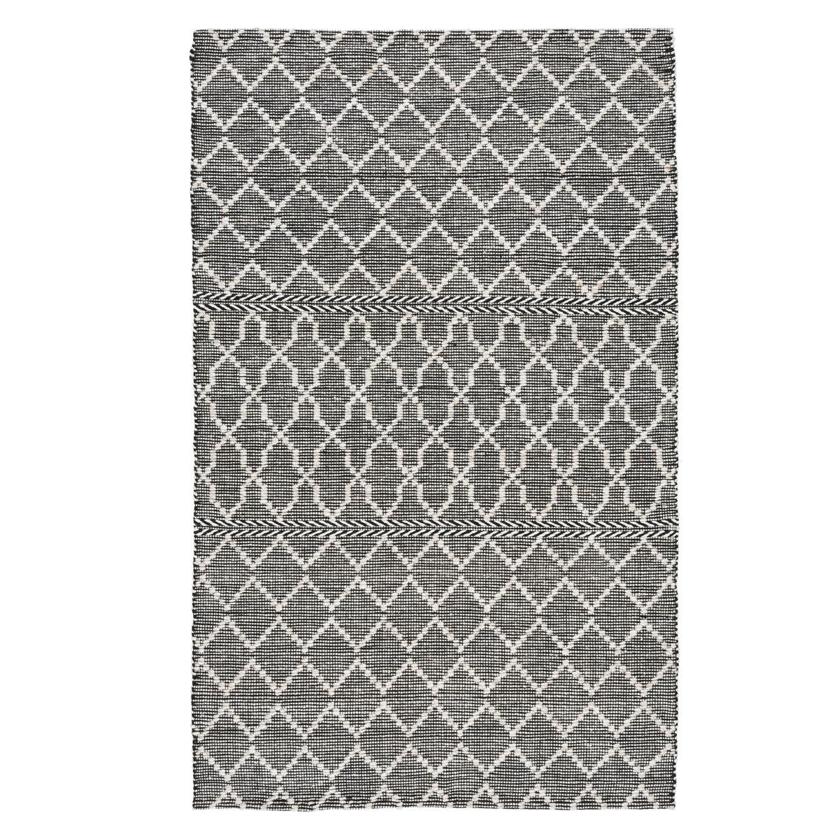 Gray indoor/outdoor rug with white diamond weave and stacked horizontal stripes