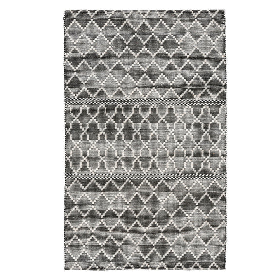 Gray indoor/outdoor rug with white diamond weave and stacked horizontal stripes