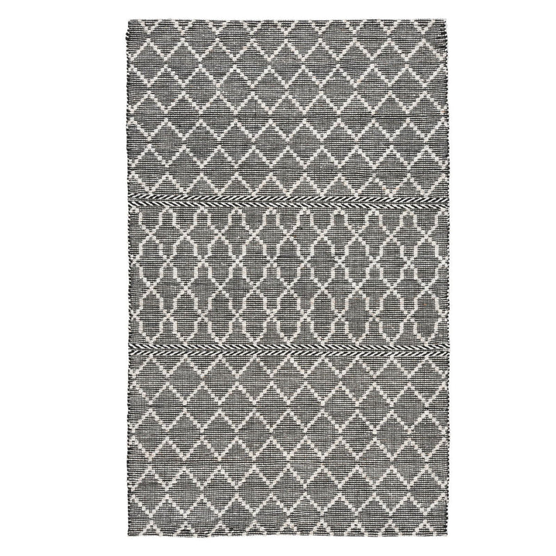 Gray indoor/outdoor rug with white diamond weave and stacked horizontal stripes