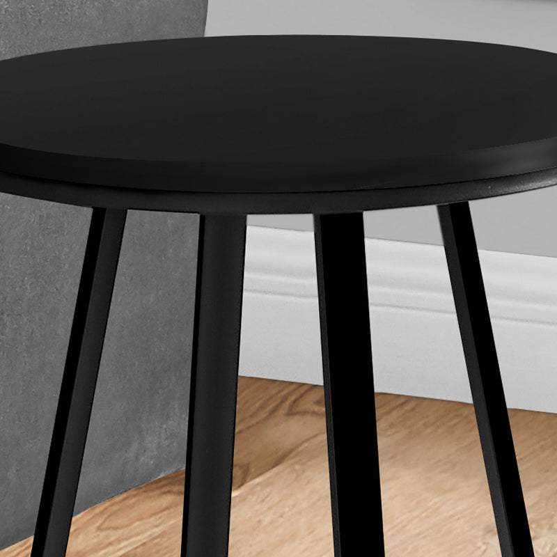 Black round tabletop edge with tapered legs and cross-brace base