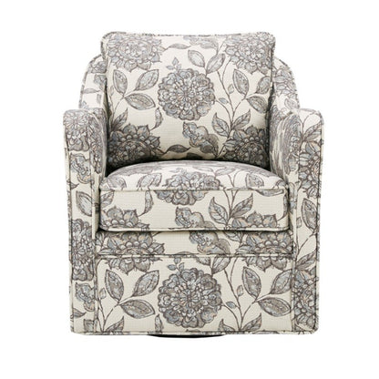 Beige floral upholstered arm chair with wide arms and cushioned seat