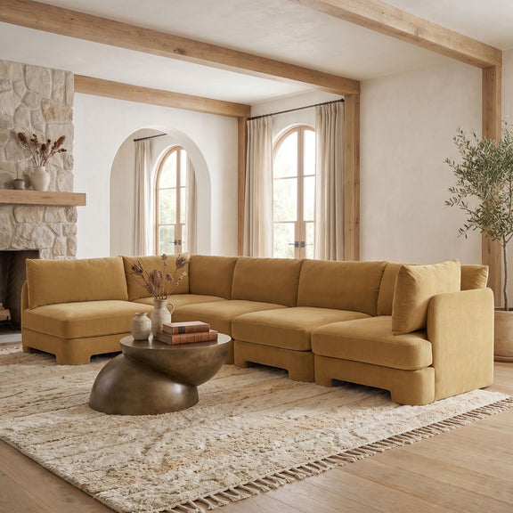 Beige velvet sectional sofa, L-shape with chaise seat and back cushions