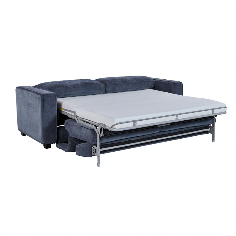 Blue pull-out sofa bed with mattress extended on metal frame